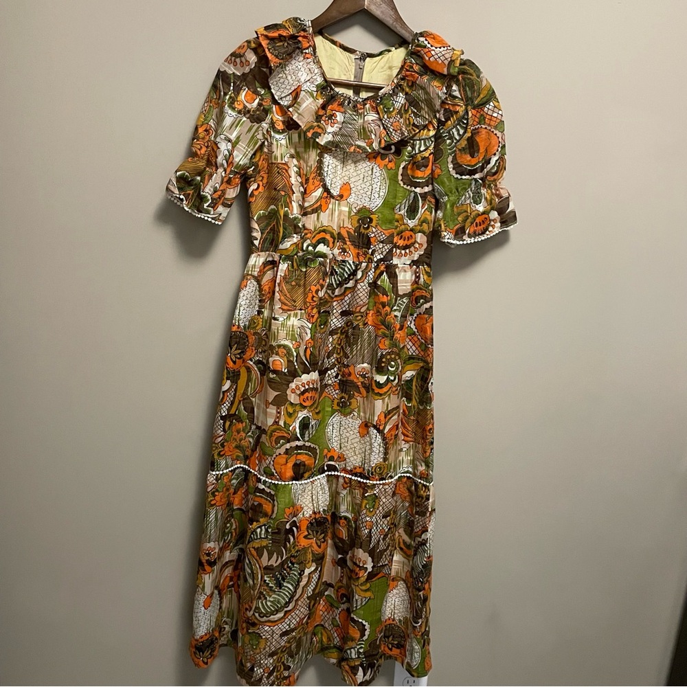 Vintage 70s Orange & Brown Floral Ruffle Neck Maxi Dress Approx Women XS